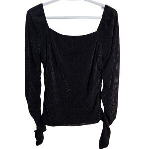 NWOT | Black Sheer Sparkly Glitter Long Sleeve Square Neck Blouse | Large